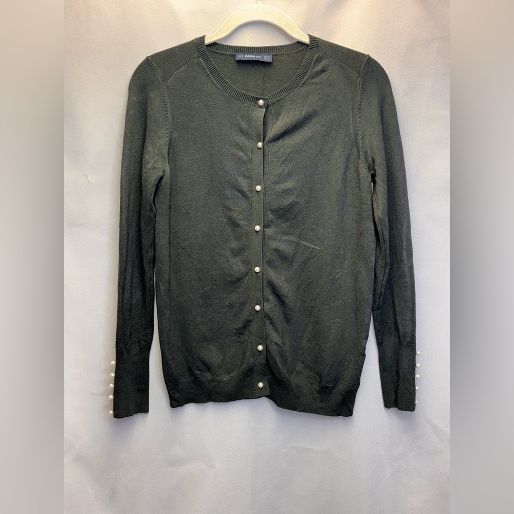 Zara Knit Cardigan Olive Green Size Medium Faux Pearls